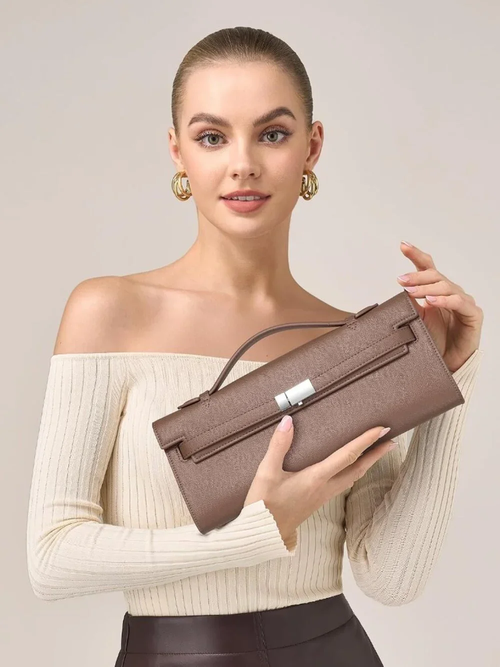👜Women's Taupe PU Leather Top Handle Bag Evening Clutch Purse Party Wedding